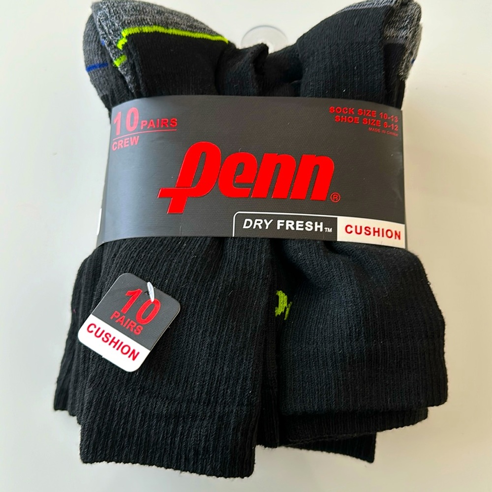 Penn men’s 10 pairs dry fresh cushion black crew socks